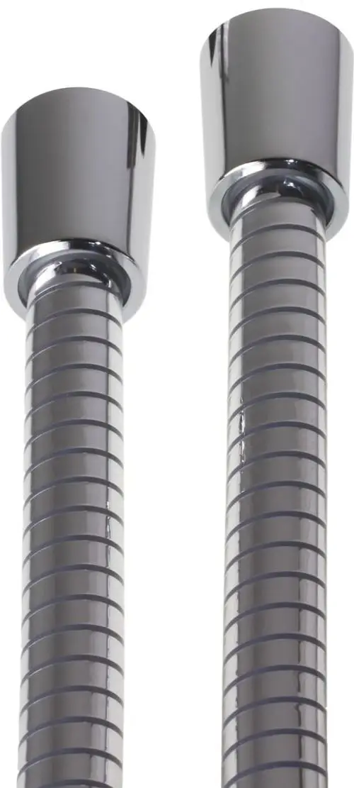 Zwei glänzende chromfarbene Duschschläuche mit geripptem Design an den Seiten und runden Endkappen.